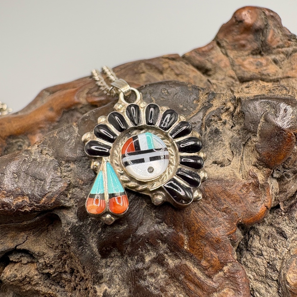 Unique Zuni “LF Lonjose” Sun face Pendant Sterling w/vintage chain.